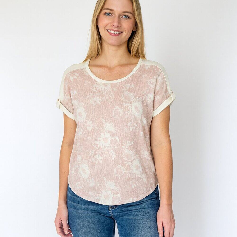 2/$30 Lucky Brand Floral Print Short Sleeve Ringer Tee Blush Small #A1467